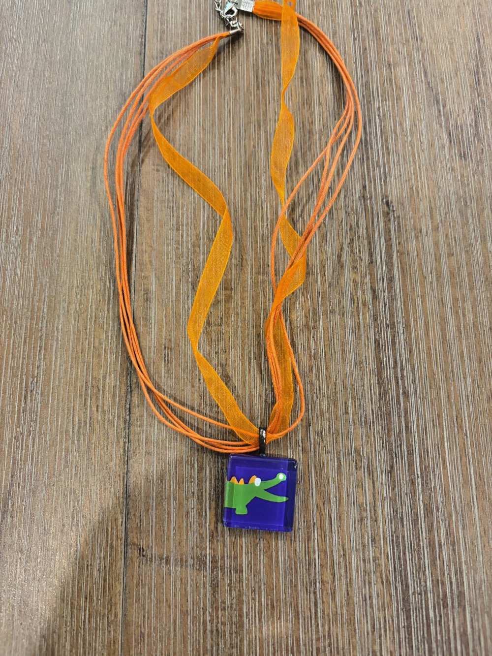 Handmade Gator Alligator Glass Tile Pendant Necklace Orange Blue Ribbon